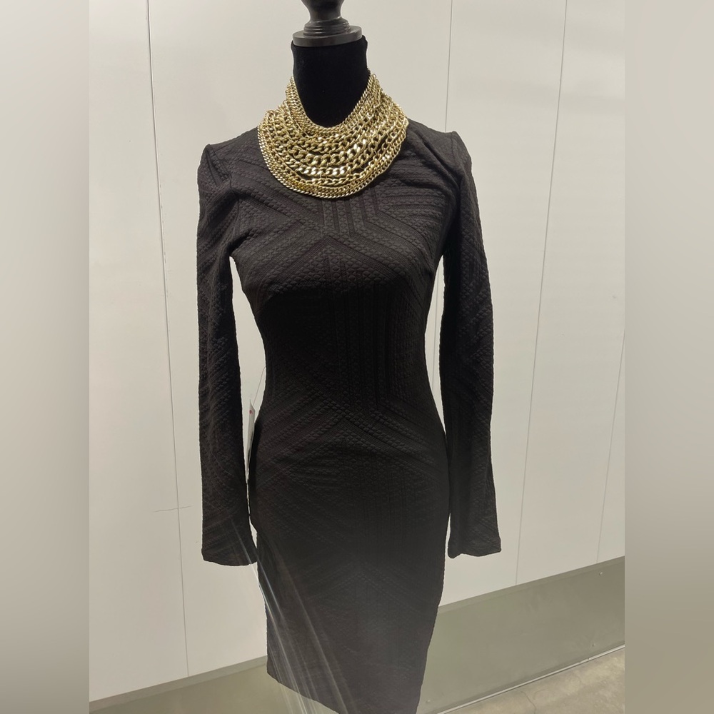 bebe Black Long Sleeve Dress with Gold Necklace